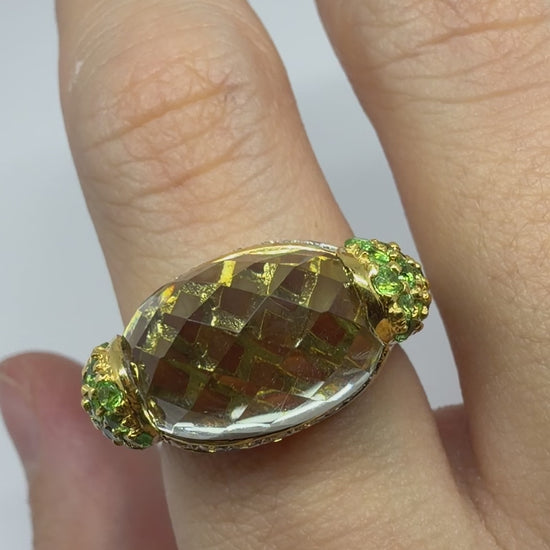 18K Yellow Gold Diamond, Green Garnet and Checkered Green Gemstone Cocktail Ring