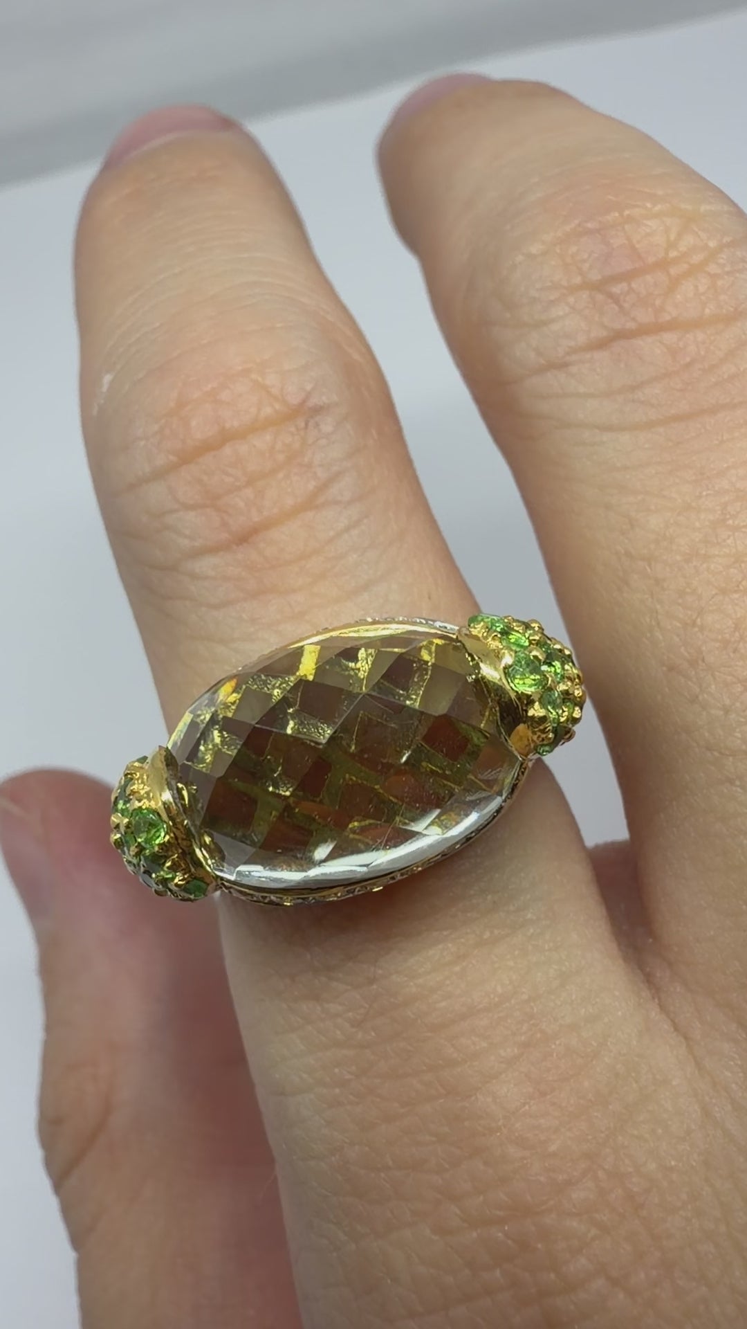 18K Yellow Gold Diamond, Green Garnet and Checkered Green Gemstone Cocktail Ring