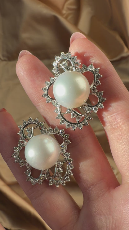 18K White Gold 4.16 carat Diamond and South Sea Pearl Earrings