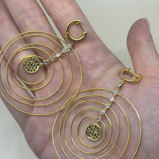 18K Yellow Gold White & Brown Diamond Concentric Circle Drop Earrings