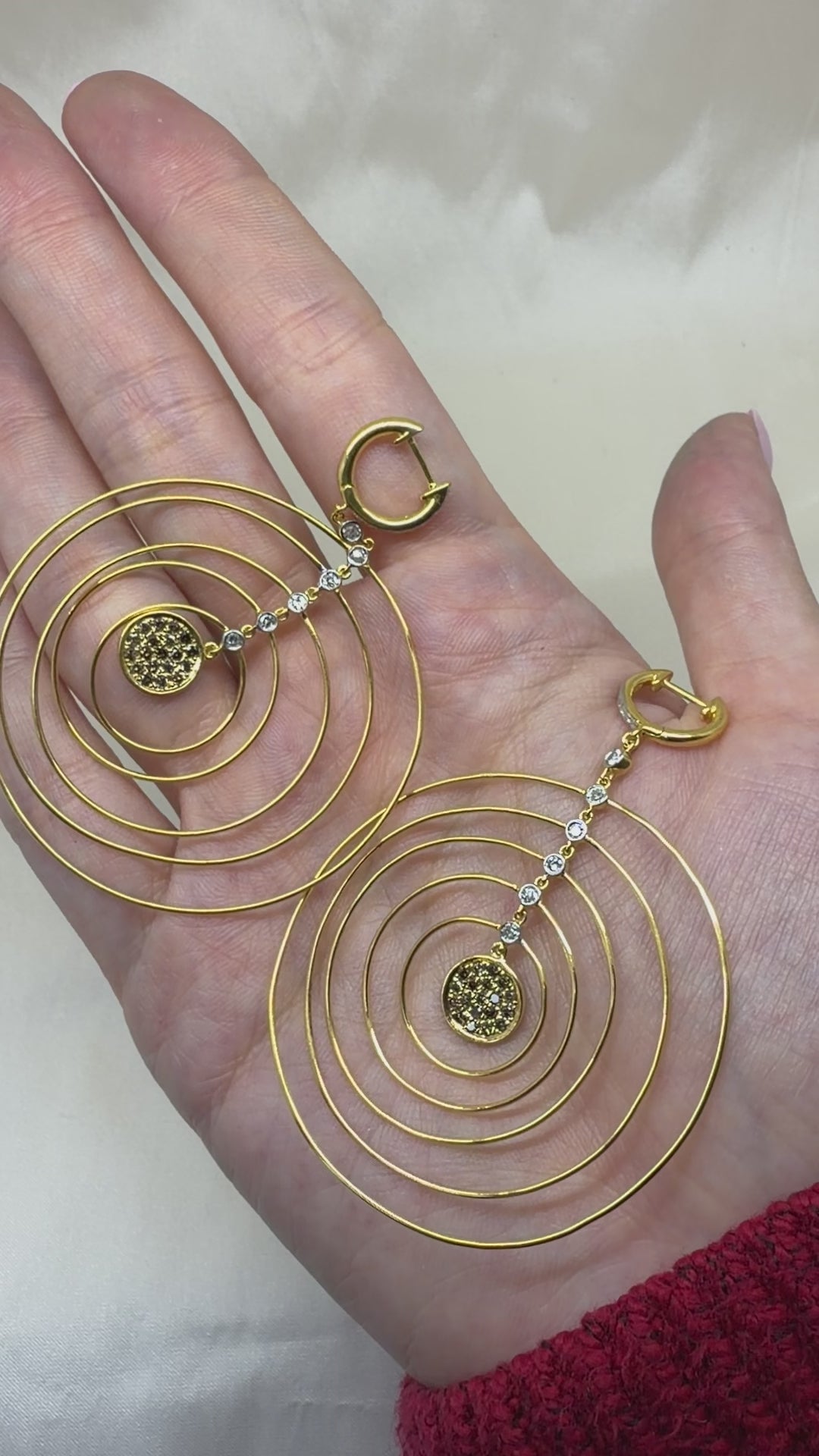 18K Yellow Gold White & Brown Diamond Concentric Circle Drop Earrings