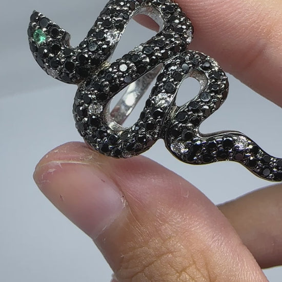 18K Black and White Diamond and Emerald Snake Ring