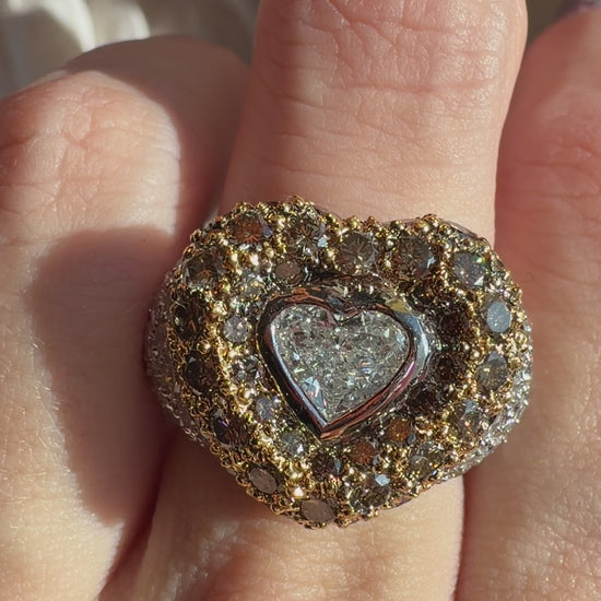 18K Two Tone Heart Shaped White and Brown Diamond Ring