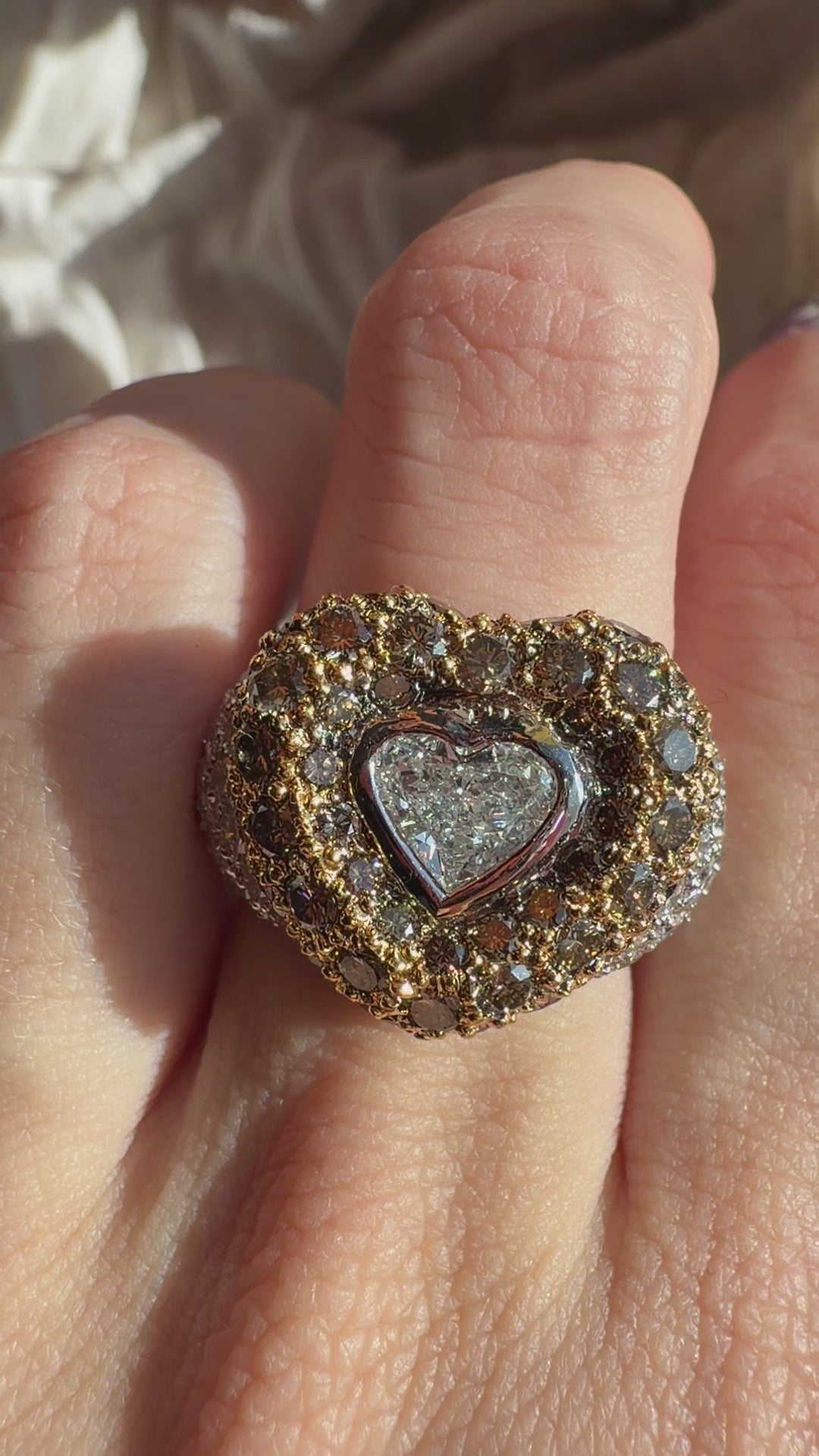 18K Two Tone Heart Shaped White and Brown Diamond Ring