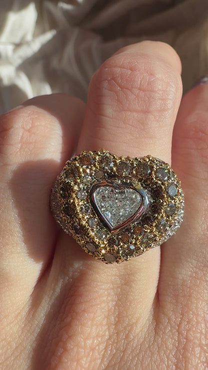18K Two Tone Heart Shaped White and Brown Diamond Ring