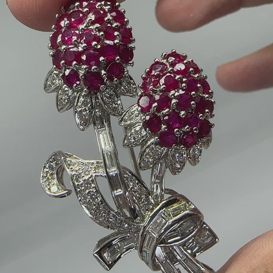 18K Diamond and Ruby Flower Brooch