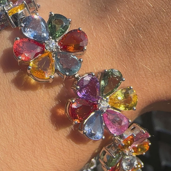 18k Modern Pear Cut Multicolor Sapphire and Diamond Flower Bracelet