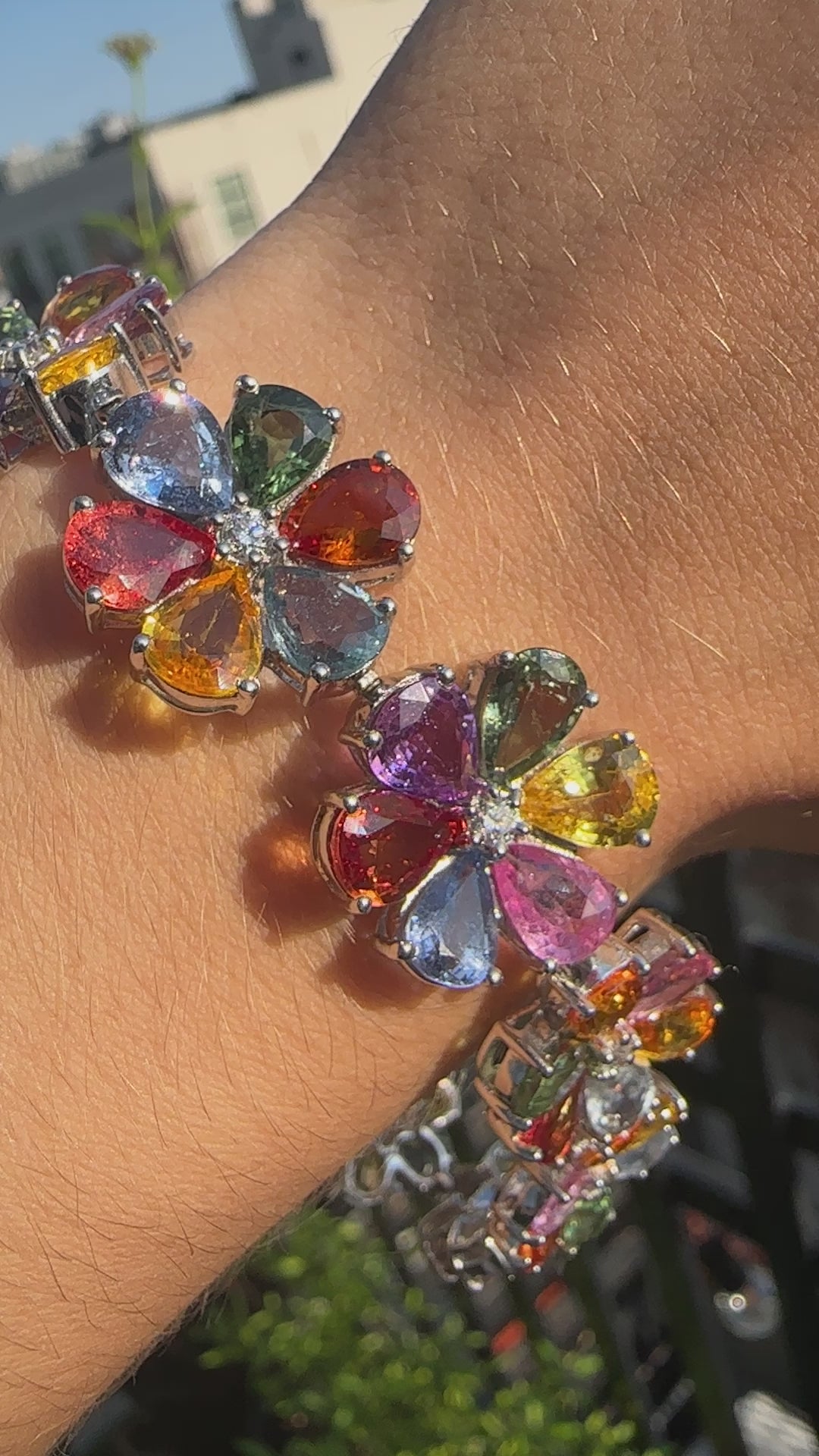 18k Modern Pear Cut Multicolor Sapphire and Diamond Flower Bracelet