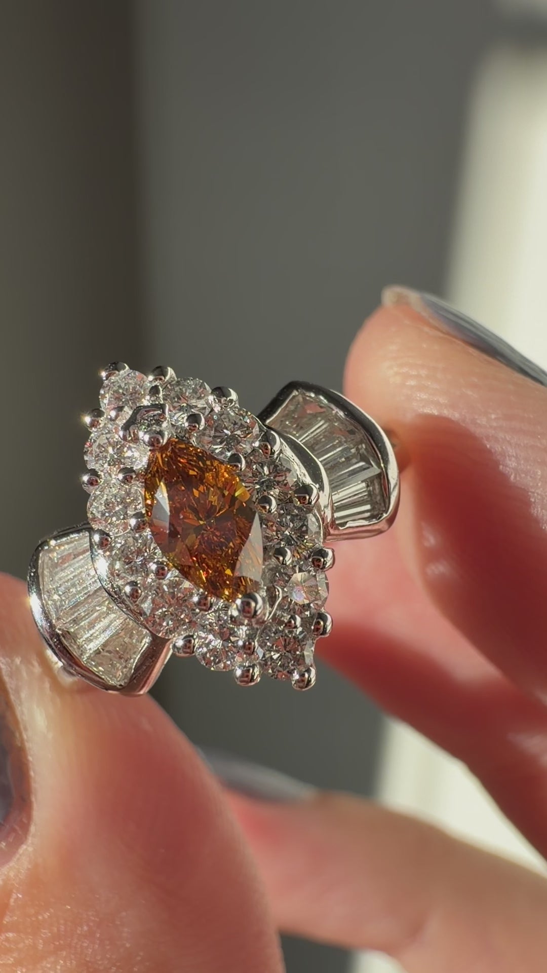 18K White Gold Yellow Marquise Cut Diamond And White Diamond Navette Ring