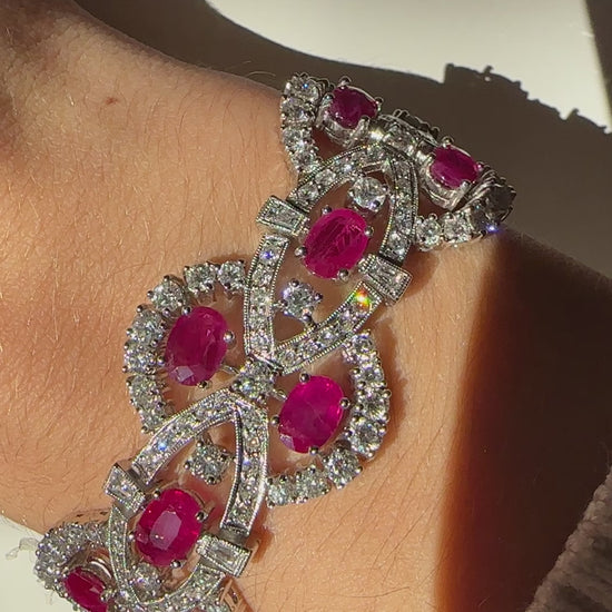 18K White Gold 15.98 Carat Oval Cut Ruby and Diamond Bracelet - 7.5 inches