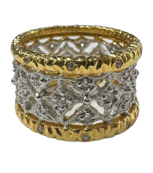 18k Two-Tone Wide diamond band with open lace work.