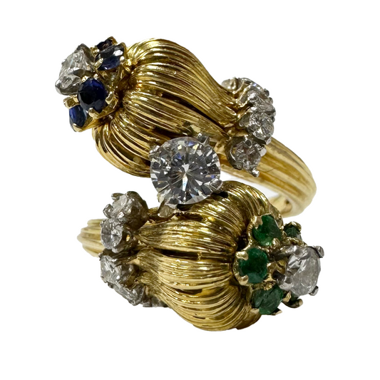 Estate 1960's Diamond, Emerald and Sapphire Moi et Toi Ring