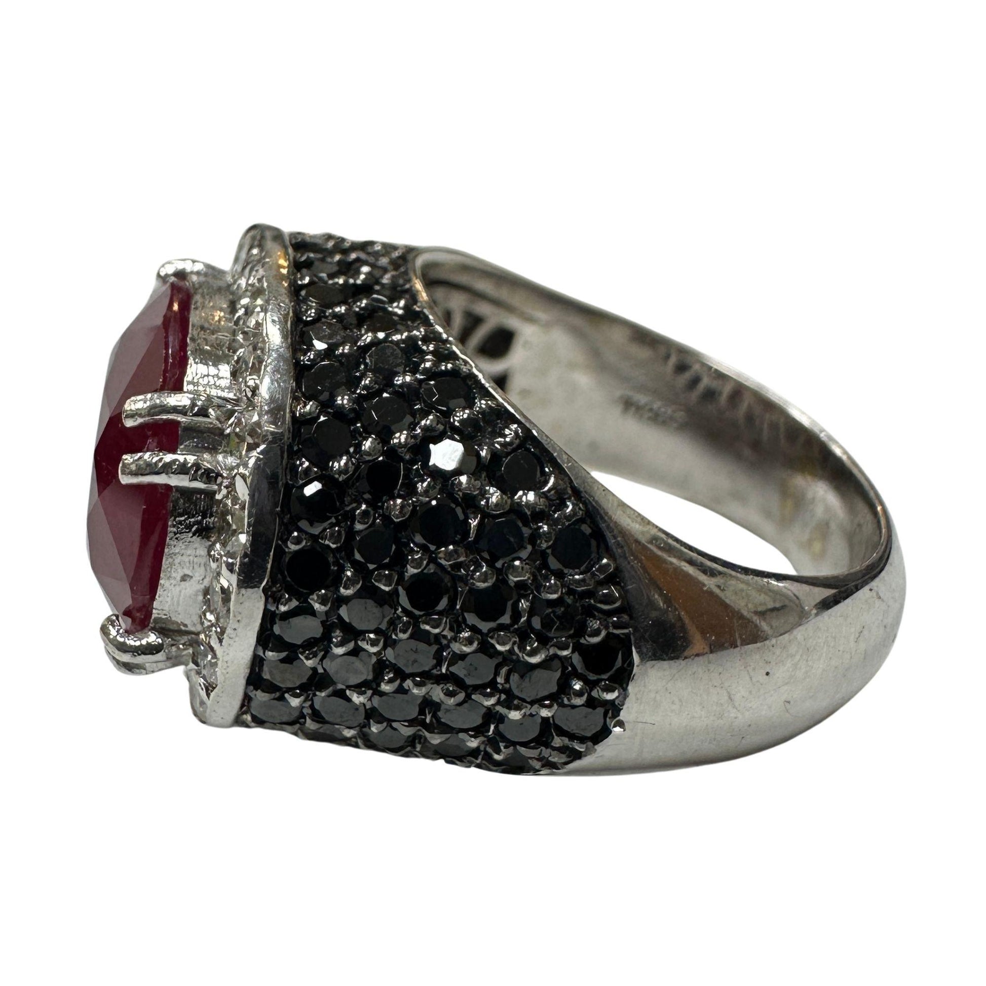 18k White Gold 5.11 Carat Checkered Ruby and Black and White Diamond Ring