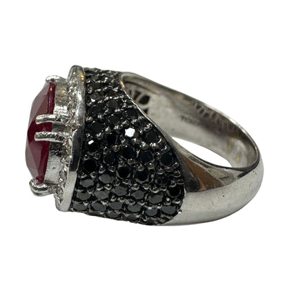 18k White Gold 5.11 Carat Checkered Ruby and Black and White Diamond Ring