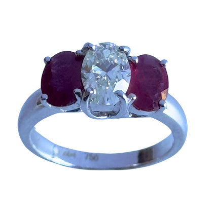 18k Diamond and Ruby Three Stone Ring