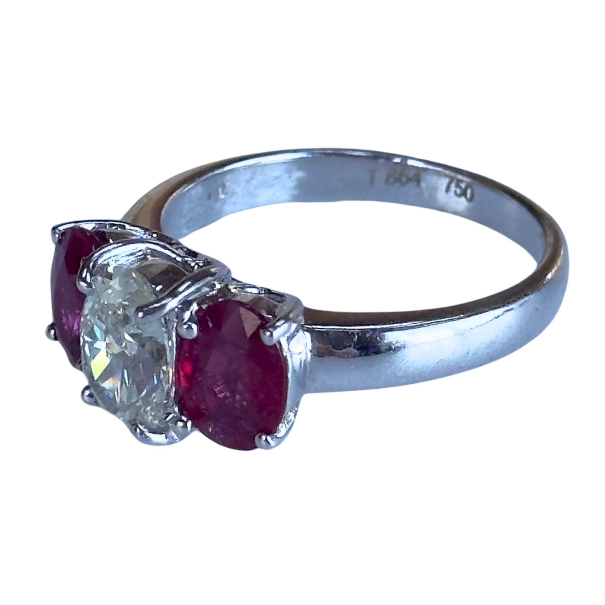 18k Diamond and Ruby Three Stone Ring