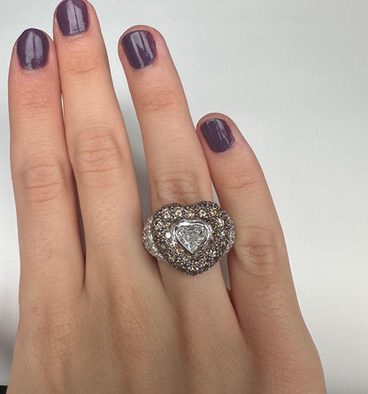 18k Heart Shaped White and Brown Diamond Ring